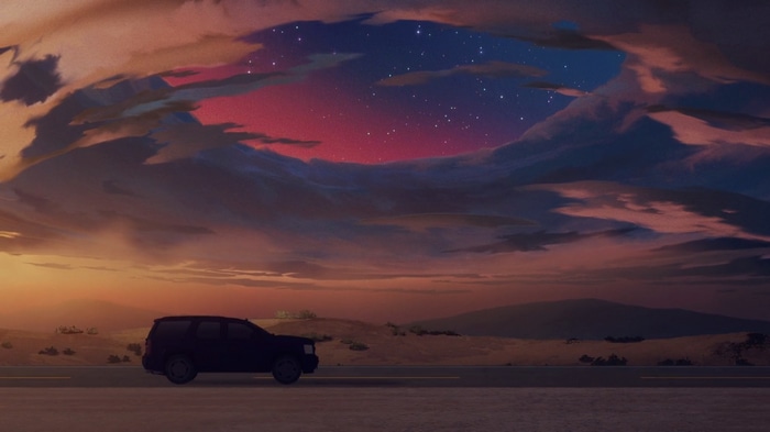 Anime screenshot of a car on a road at sunset