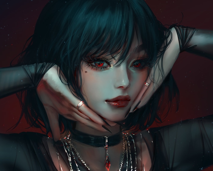 Artwork of a woman with red eyes and dark hair