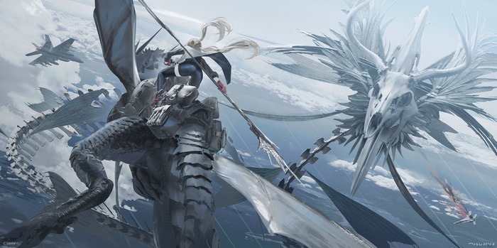 Girl with spear on dragon fighting jets and skull dragon