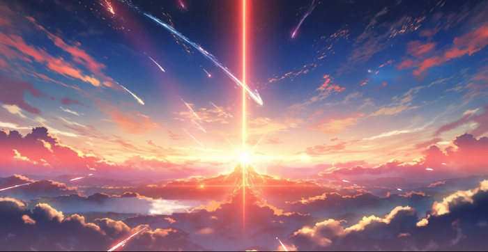 Anime screenshot of sunset with meteor streaks