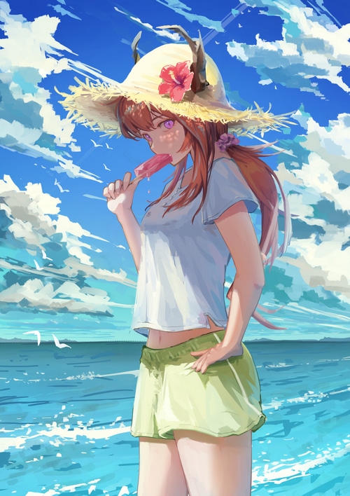 Surtr from Arknights eating a popsicle by the sea