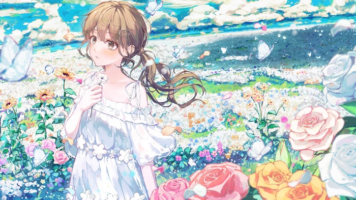 4K anime girl in flower field with butterflies