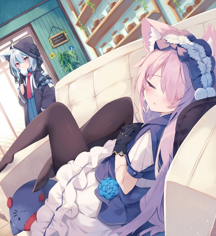 Cat girl sleeping on a couch with another cat girl