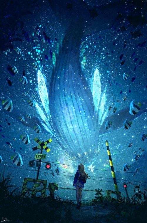 Girl watches a giant whale and fish in a starry sky