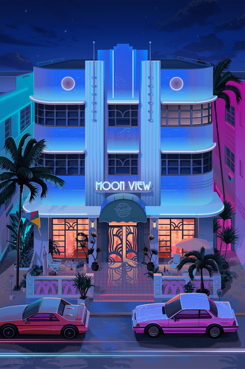 Moon View Hotel at night with cars and palm trees