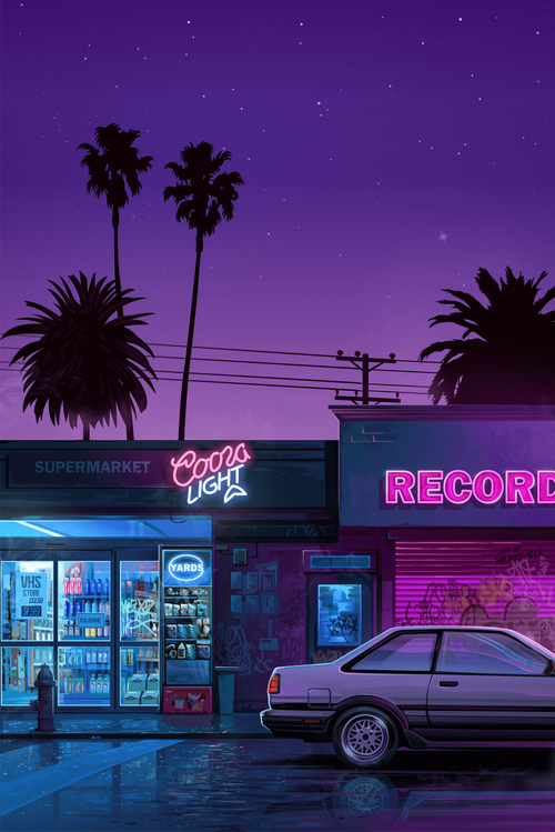 Retro Supermarket and Record Store at Night