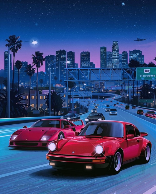 Ferrari and Porsche on Hollywood Freeway at Night