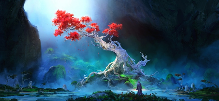 Fantasy art of a glowing tree with red leaves