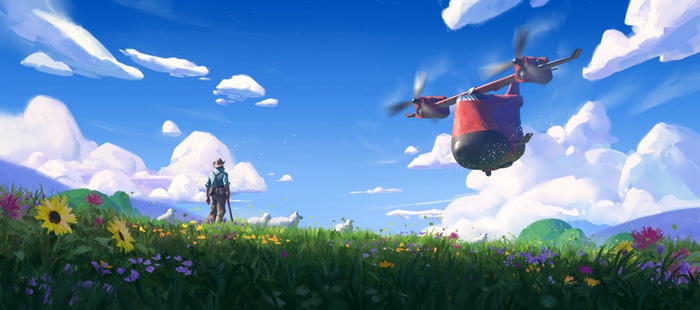4K Landscape with Aircraft, Flowers, and Sheep