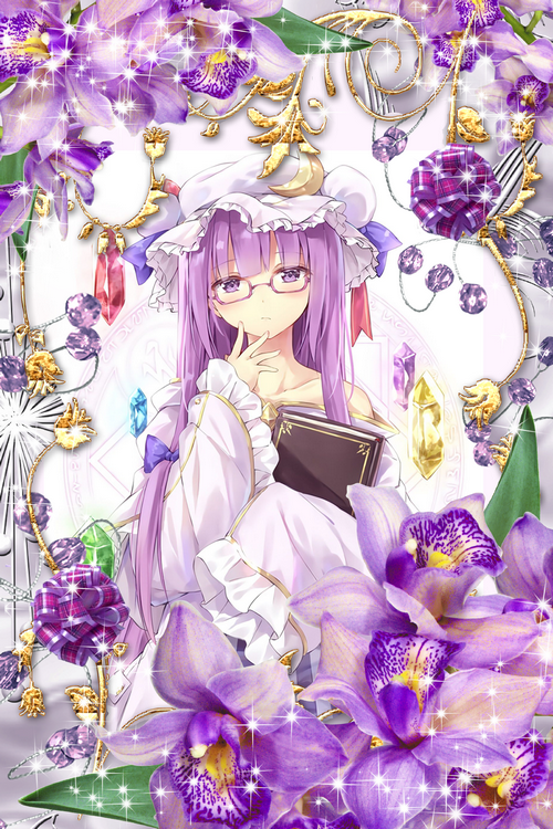 Patchouli Knowledge with purple flowers and crystals