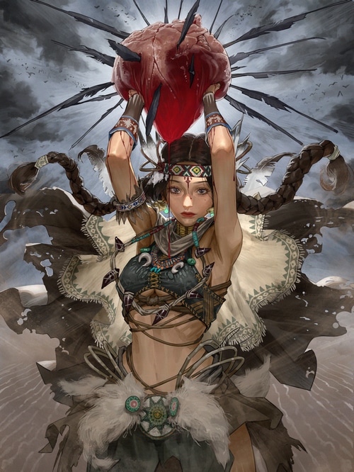 Woman holding a heart pierced by arrows