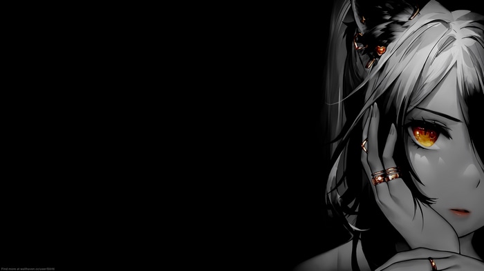 4K monochrome anime girl with orange eyes