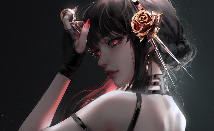 Yor Forger with red eyes and rose hair accessory