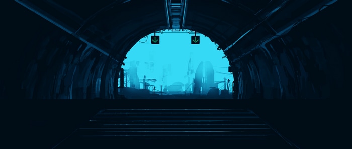 4K artwork of a dark tunnel with stairs and a bright exit