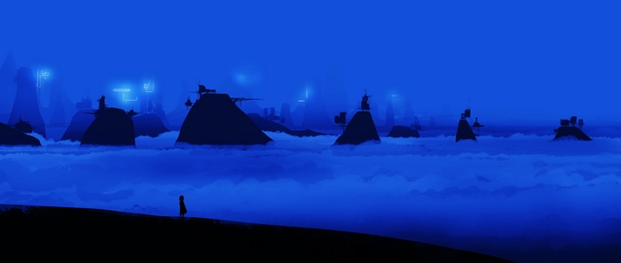 Science fiction landscape with neon lights over clouds