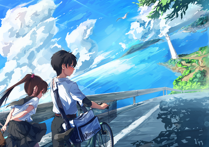 Anime couple on a road with a lighthouse in the background