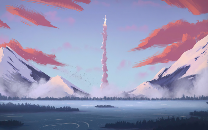 Rocket Launching Over Snowy Mountains and Lake