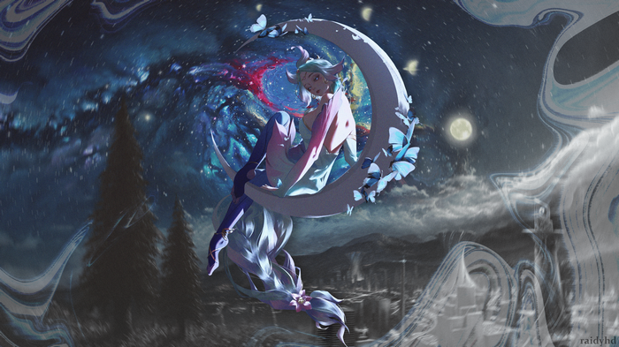 4K Woman on Moon with Butterflies and Stars