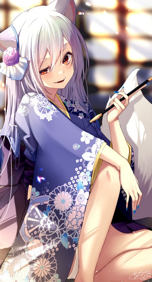 Anime Fox Girl in a Kimono Holding a Smoking Pipe