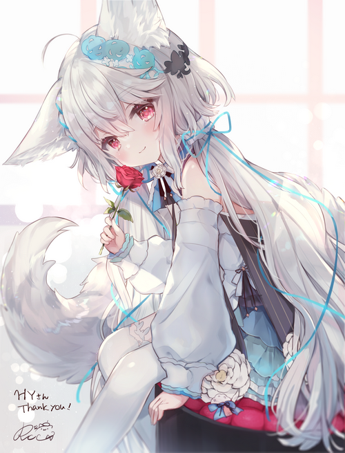 Fox girl with rose and flowers