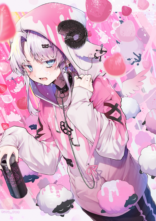 Anime girl with sheep hood and strawberries