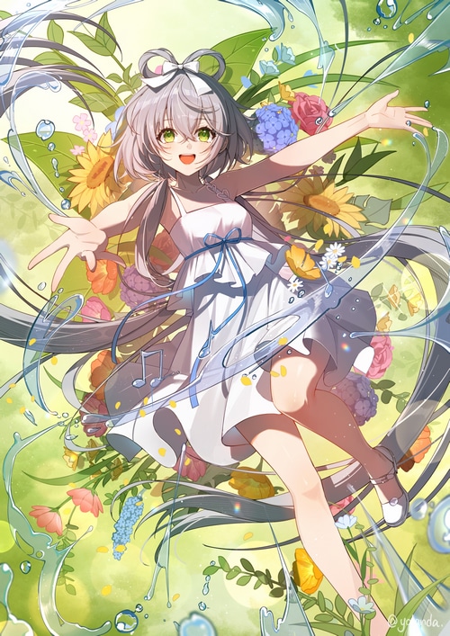 Luo Tianyi dancing in a field of flowers with water