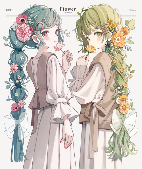 Two anime girls with flowers in their braided hair