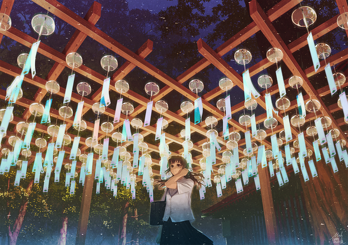 Anime girl standing under wind chimes at night