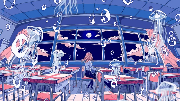 Anime classroom with jellyfish and a girl by the window