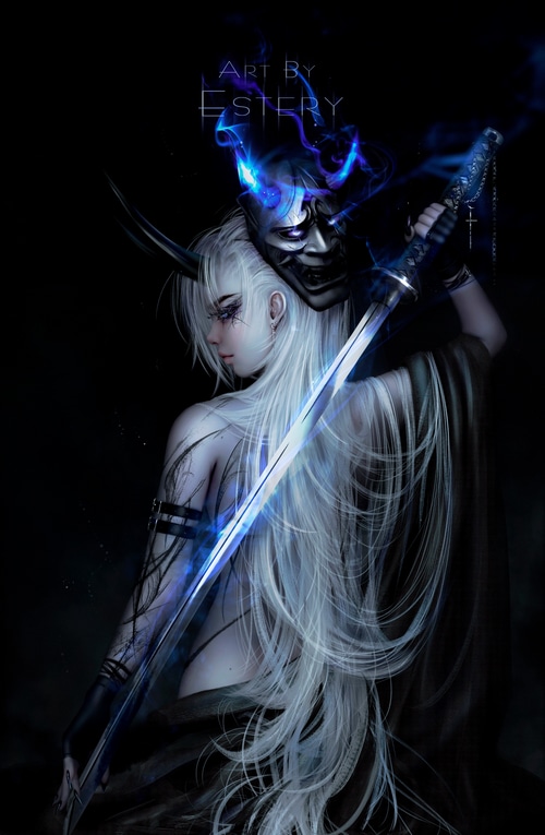 Woman with mask and katana, blue flames