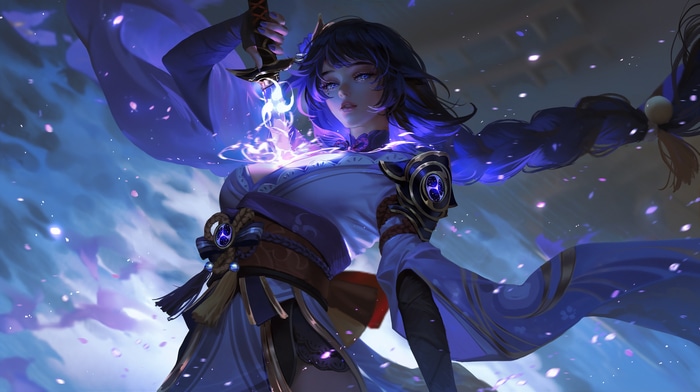 Raiden Shogun with sword and purple petals