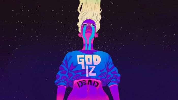 Woman with "GOD IZ DEAD" tattoo and glasses
