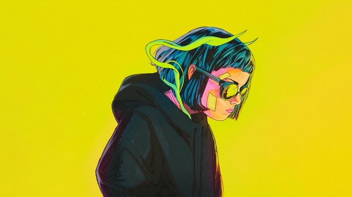 Woman with glasses and blue hair on yellow background