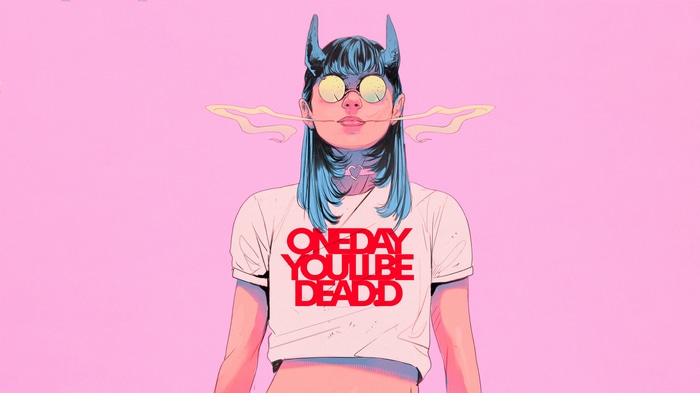 Woman with blue hair, horns, and glasses with smoke