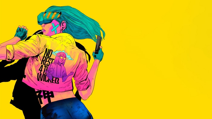 Girl with VR headset and gun on yellow background