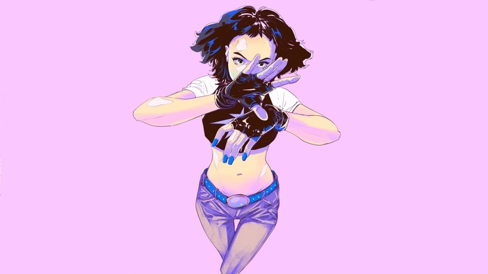 Woman with fingerless gloves and shorts on pink background