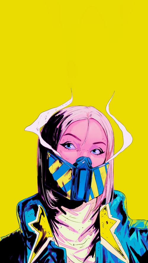 Woman with mask and smoke on yellow background