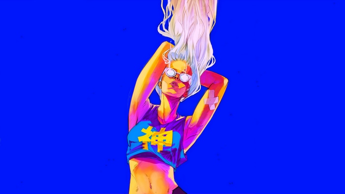 Woman with blonde hair and glasses on blue background
