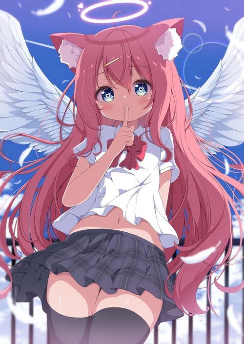 Anime Girl with Cat Ears, Wings, and Halo