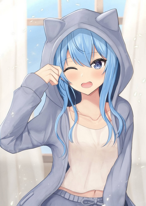 Girl with blue hair and cat ears hoodie winks