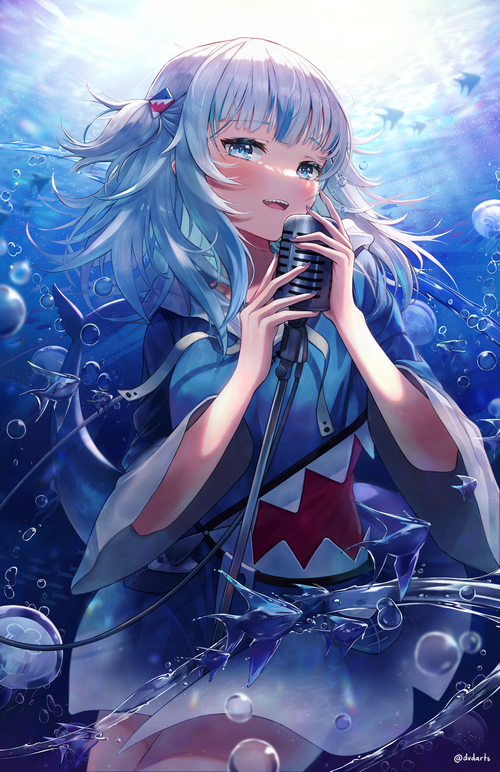 Gawr Gura singing underwater with sharks and jellyfish
