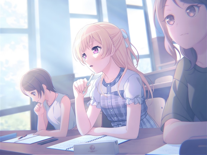 Shirasagi Chisato and friends in a classroom