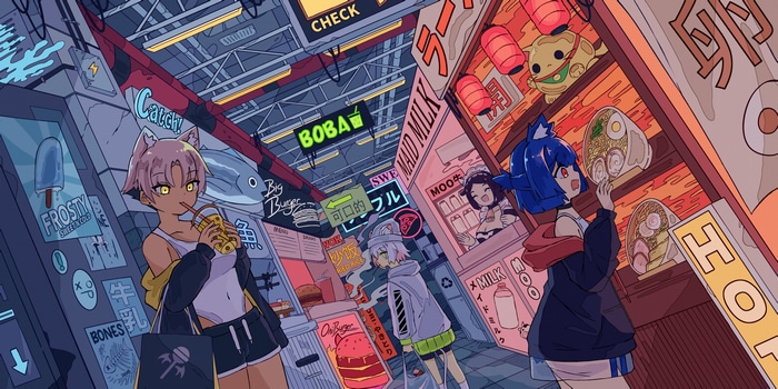 Anime characters in a neon-lit market with food stalls