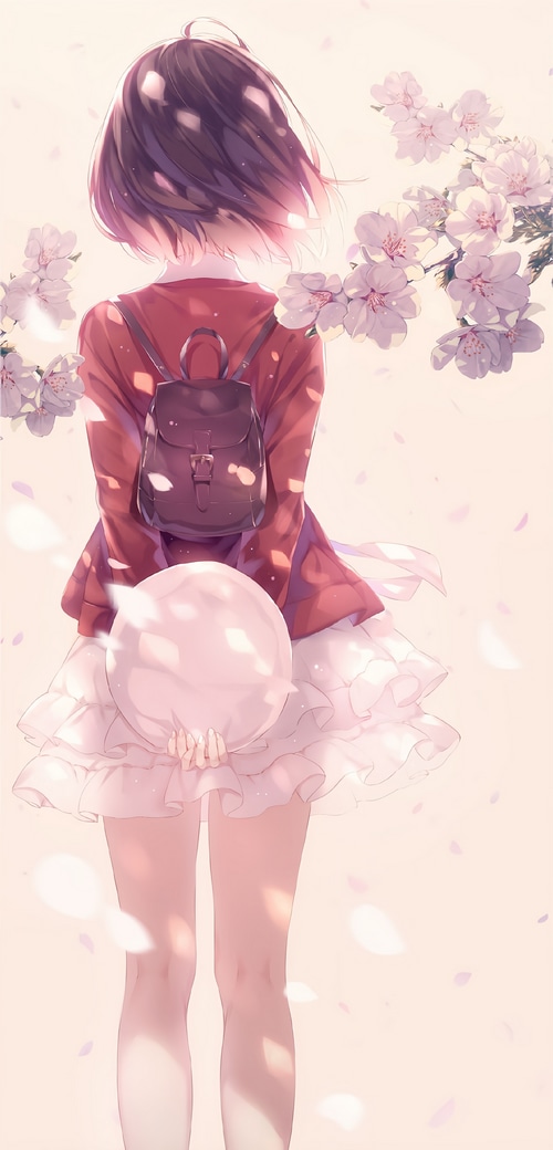 Girl with backpack and cherry blossoms