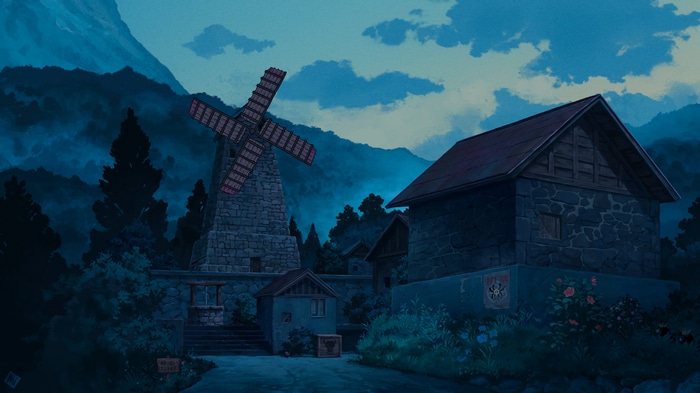 4K Kakariko Village landscape with windmill at night