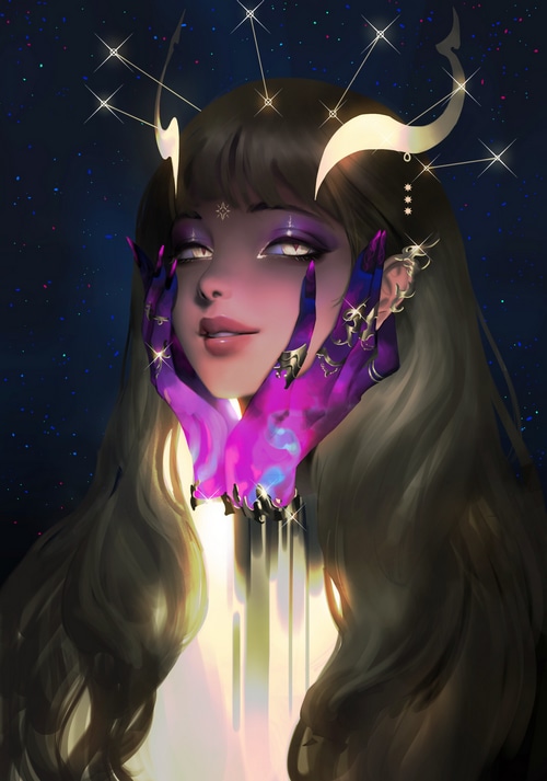Fantasy girl with galaxy hands and starry crown