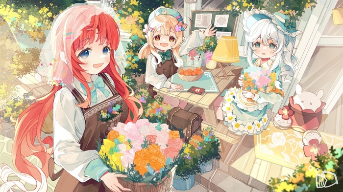 Three anime girls in a flower shop