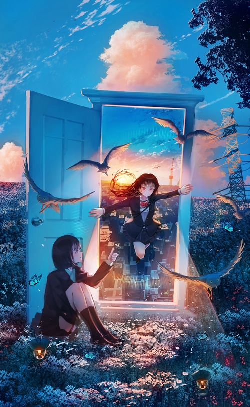 Schoolgirls and birds flying through a doorway in the sky