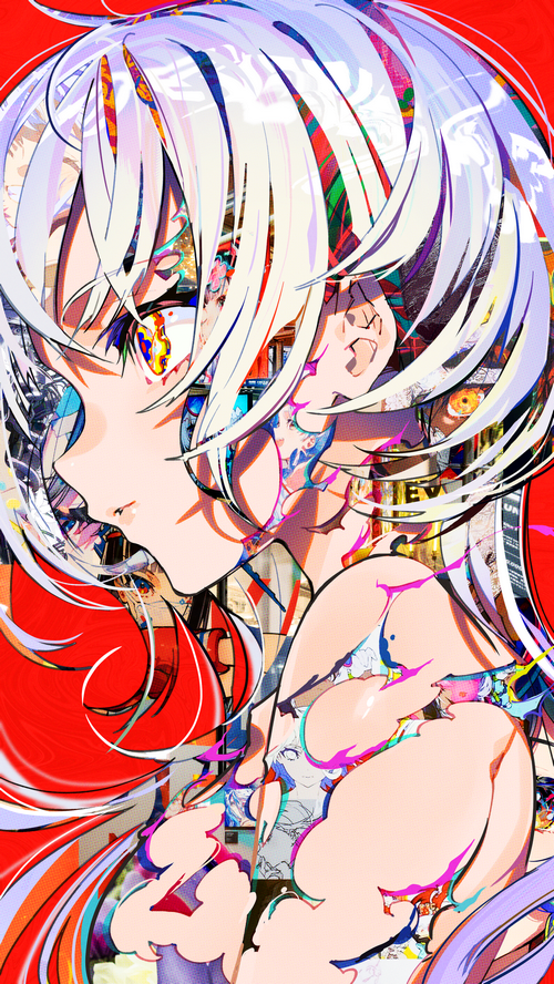 Anime girl with colorful collage elements