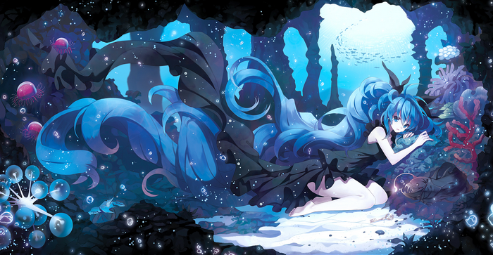 Hatsune Miku underwater in a dark cave with coral